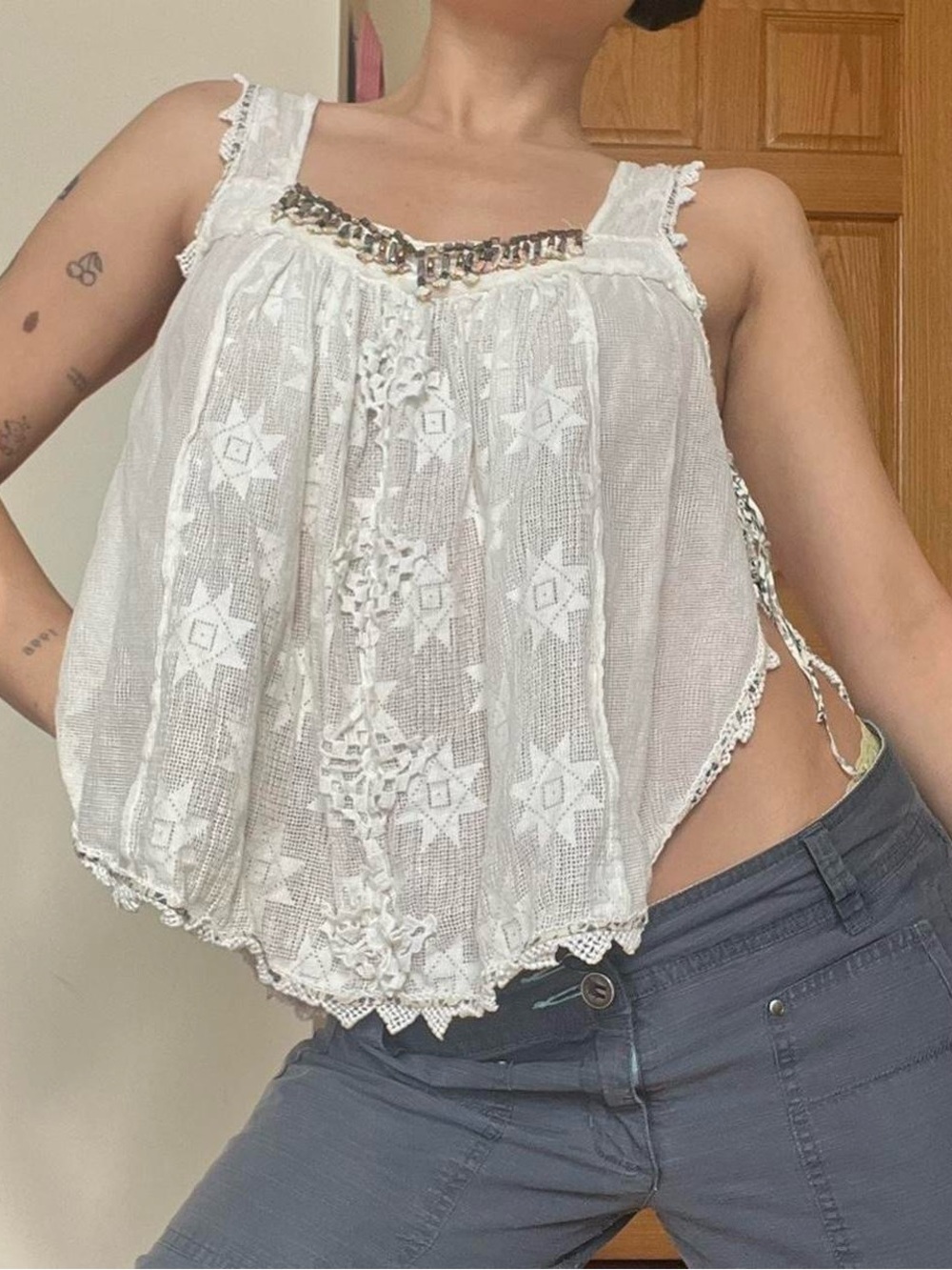 Free People Boho Tank Top -100% Cotton, hand crafted in India -Lace, Embroidered